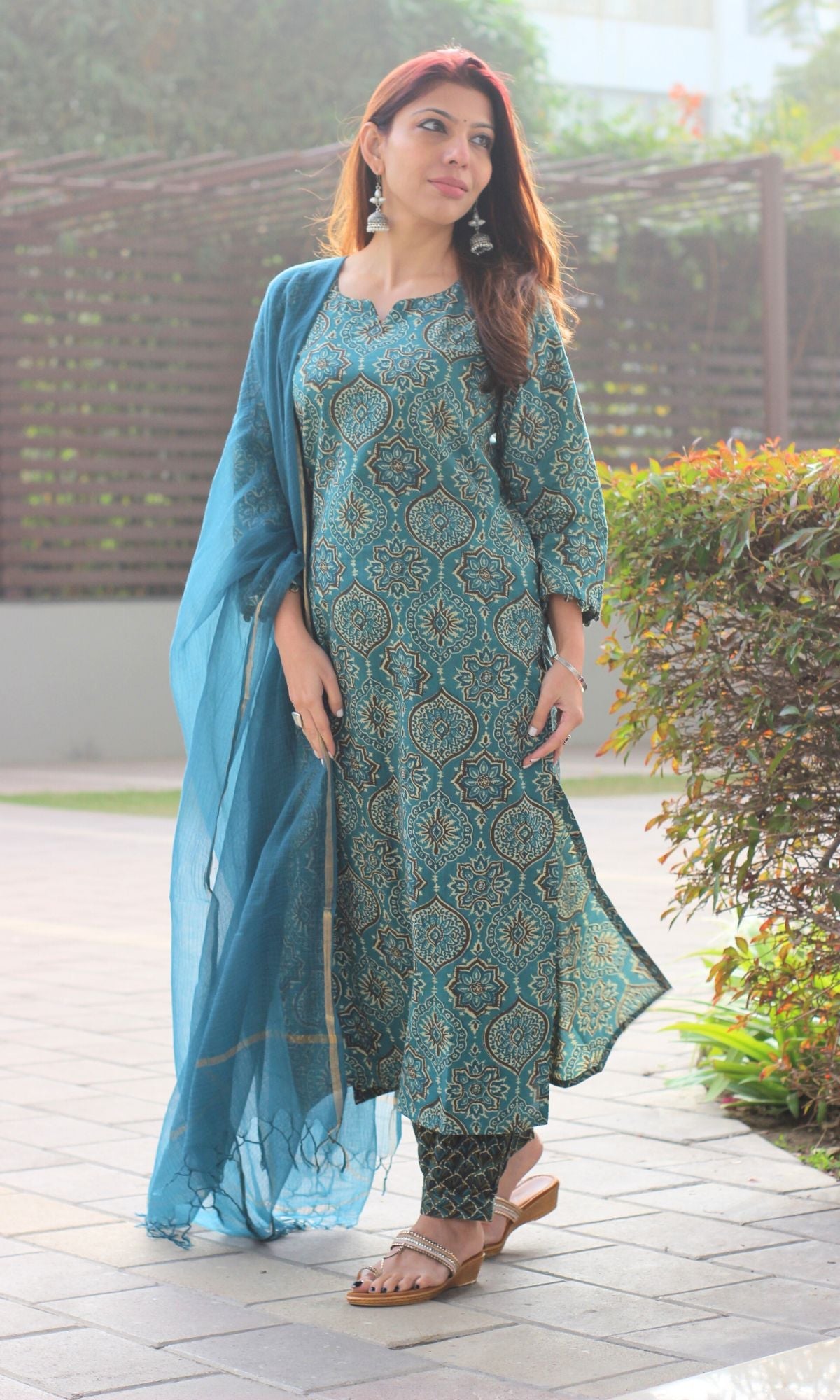 Cotton Teal Ajrakh Print Kurta and Afghani Pants with Kota Doria Dupatta - Baareeki