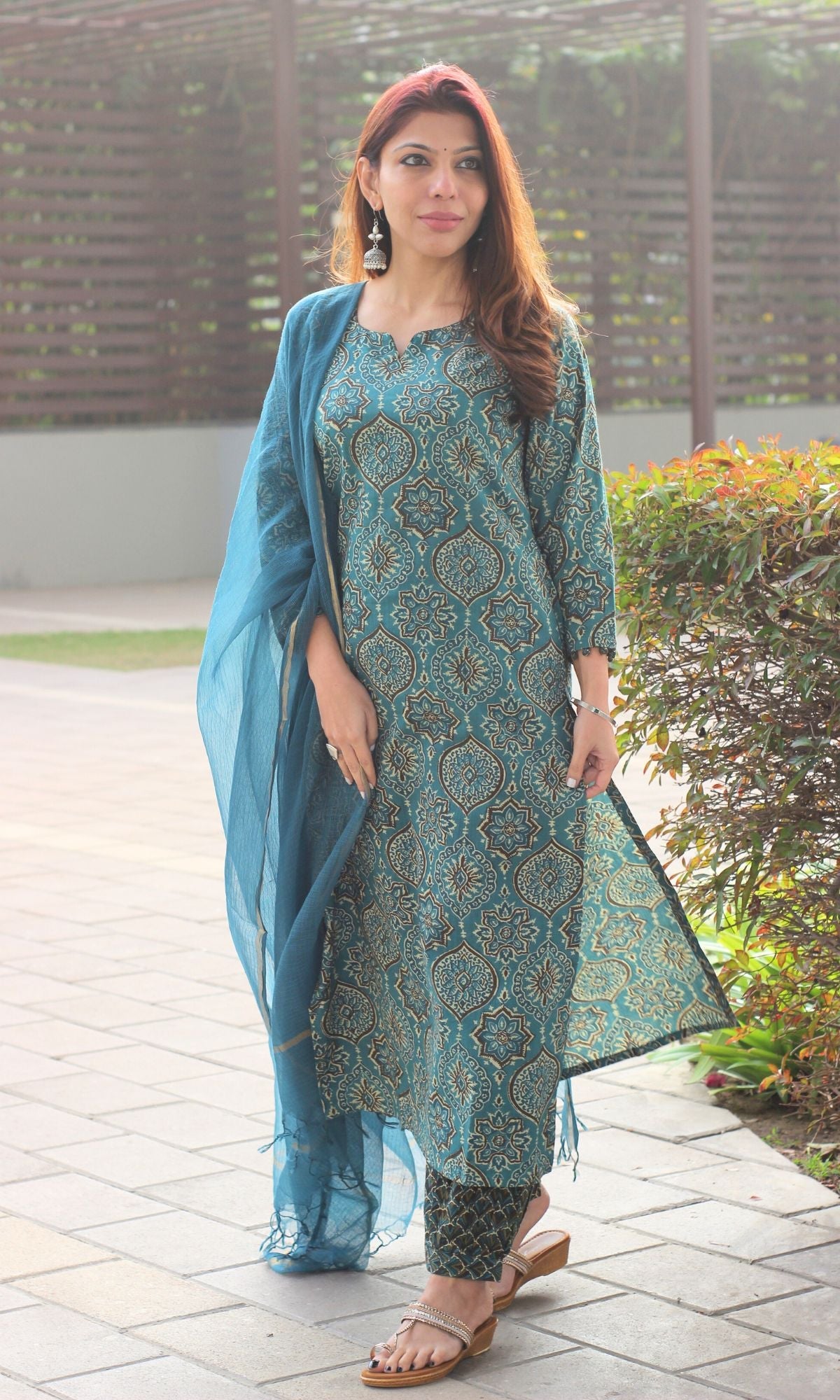 Cotton Teal Ajrakh Print Kurta and Afghani Pants with Kota Doria Dupatta - Baareeki