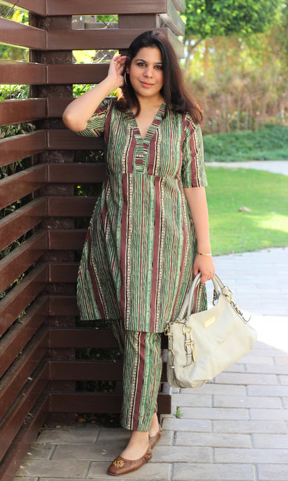 Cotton Vanaspati Ajrakh Green A-line Coord Set - Baareeki